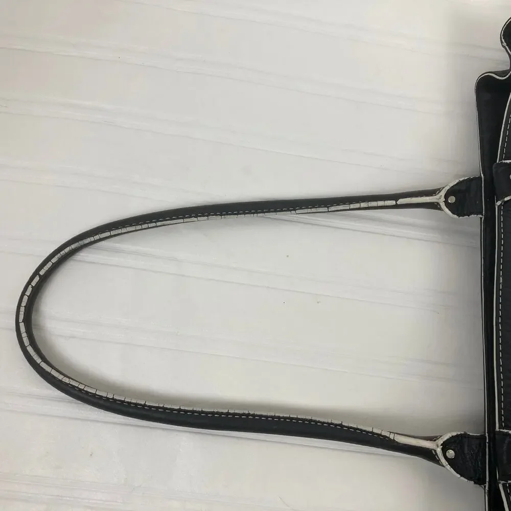 Cole Haan Village Pebbled Leather Bag Black White Trim Buckle Satchel Lined Teal
